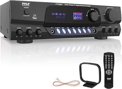 Pyle Amplificador de potencia de audio para el hogar de 200 W, receptor estéreo con sintonizador AM FM, 2 entradas de micrófono con eco para