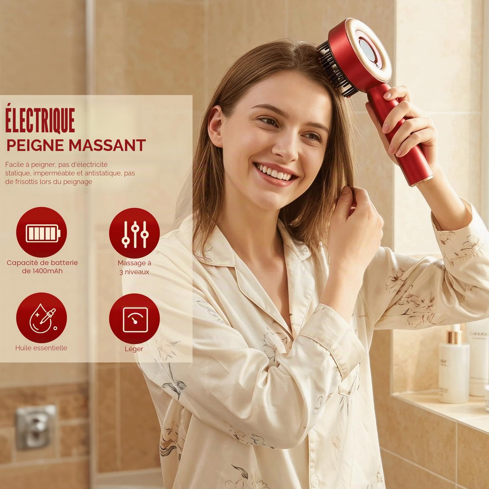 Brosse de Massage Électrique Cuir Chevelu, Brosse Massage Cuir Chevelu Electrique, Masseur de Tête Électrique avec Lumière Rouge, 3 Modes Peigne de Massage Électrique