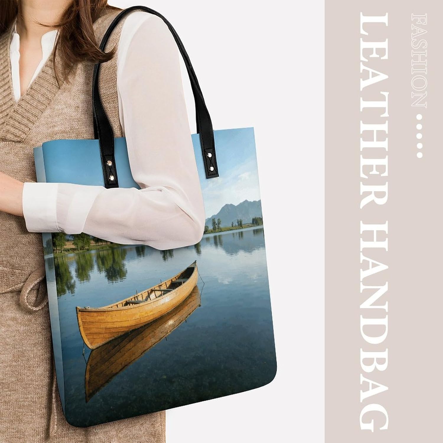 Canoe Lake Tote Bag with Magnetic Buckle Reusable Grocery Bags Lightweight Cross Body Handbag for Daily Essentials