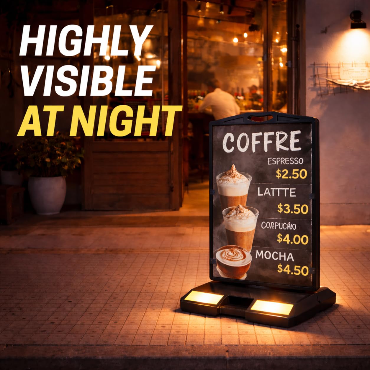 Cartel publicitario tipo A de doble cara 61 x 91 cm, resistente a la intemperie con base rellenable de agua, para restaurantes, cafeterías, promociones y eventos