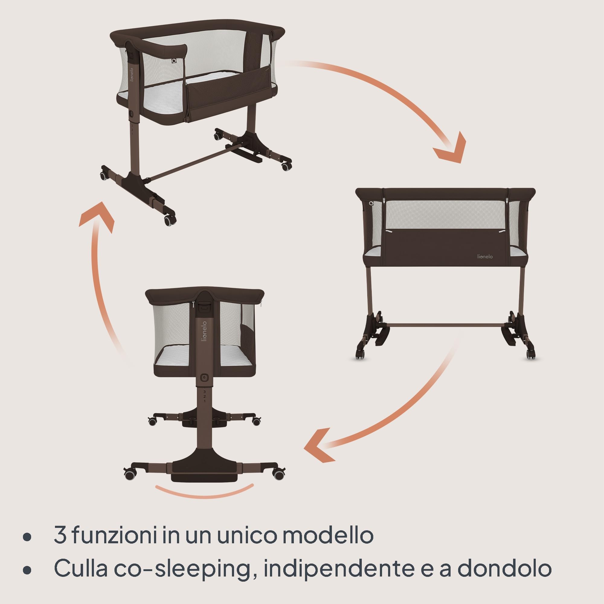 lionelo PARI Culla Co Sleeping Fianco Letto 3 in 1, Regolabile in Altezza 6 Livelli, Materasso T25 2 cm, Ruote con Blocco e Dondolo, Gambe Regolabili per Letto Continentale, Rivestimento Lavabile - 3