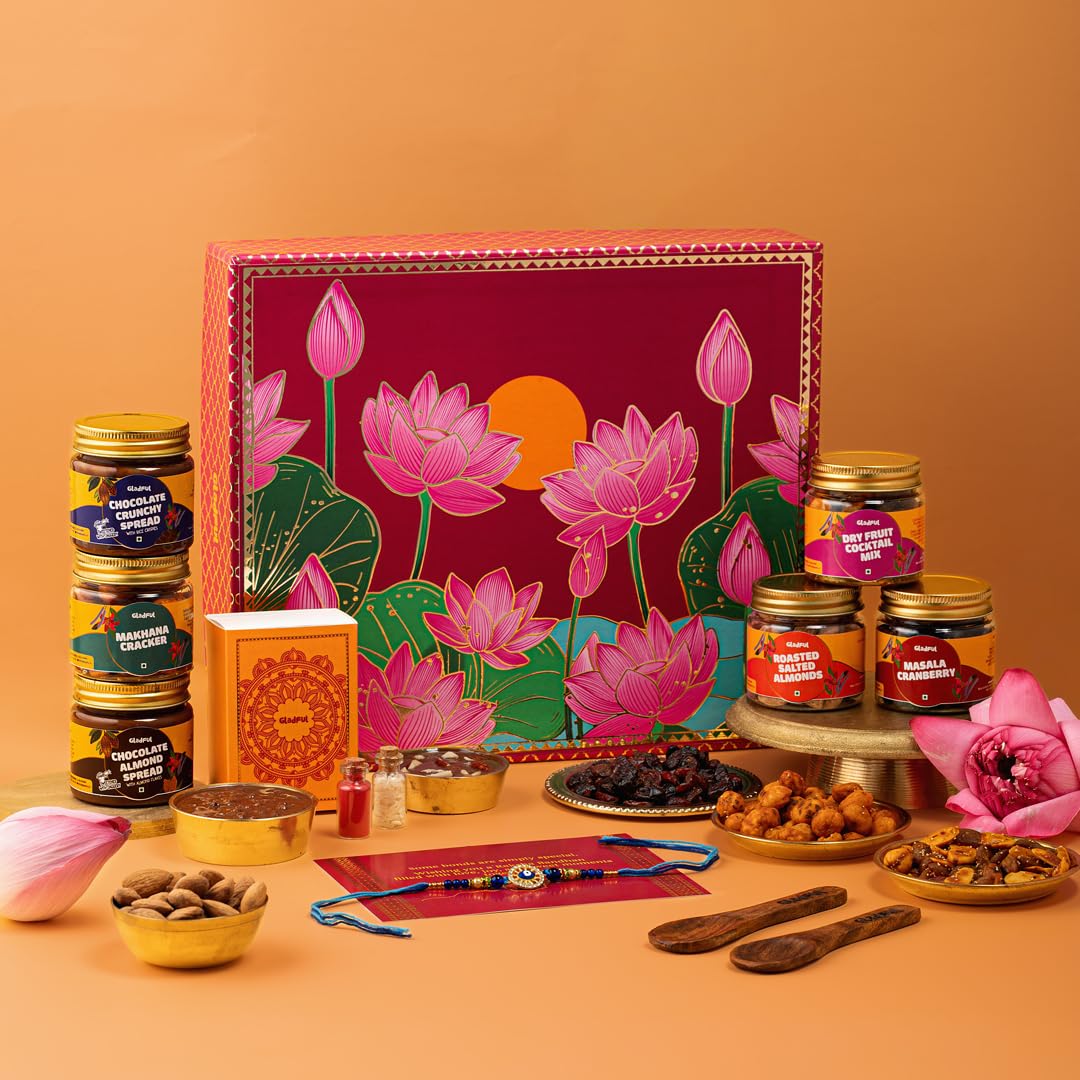 Gladful Premium 10 Items Rakhi Gift Box | Pink Lotus Keepsake Hamper with Premium Nuts, Cranberries, Chocolate Spreads & Rakhi | Luxurious Raksha Bandhan Gift-image-24