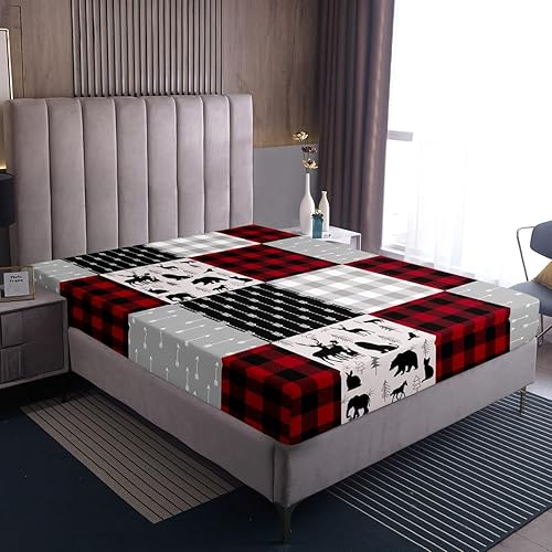 Miniatura 213 de Sábana bajera ajustable de oso de caza, juego de ropa de cama a cuadros de búfalo, sábanas de retazos de cabaña rústica para niños, niños, Multi