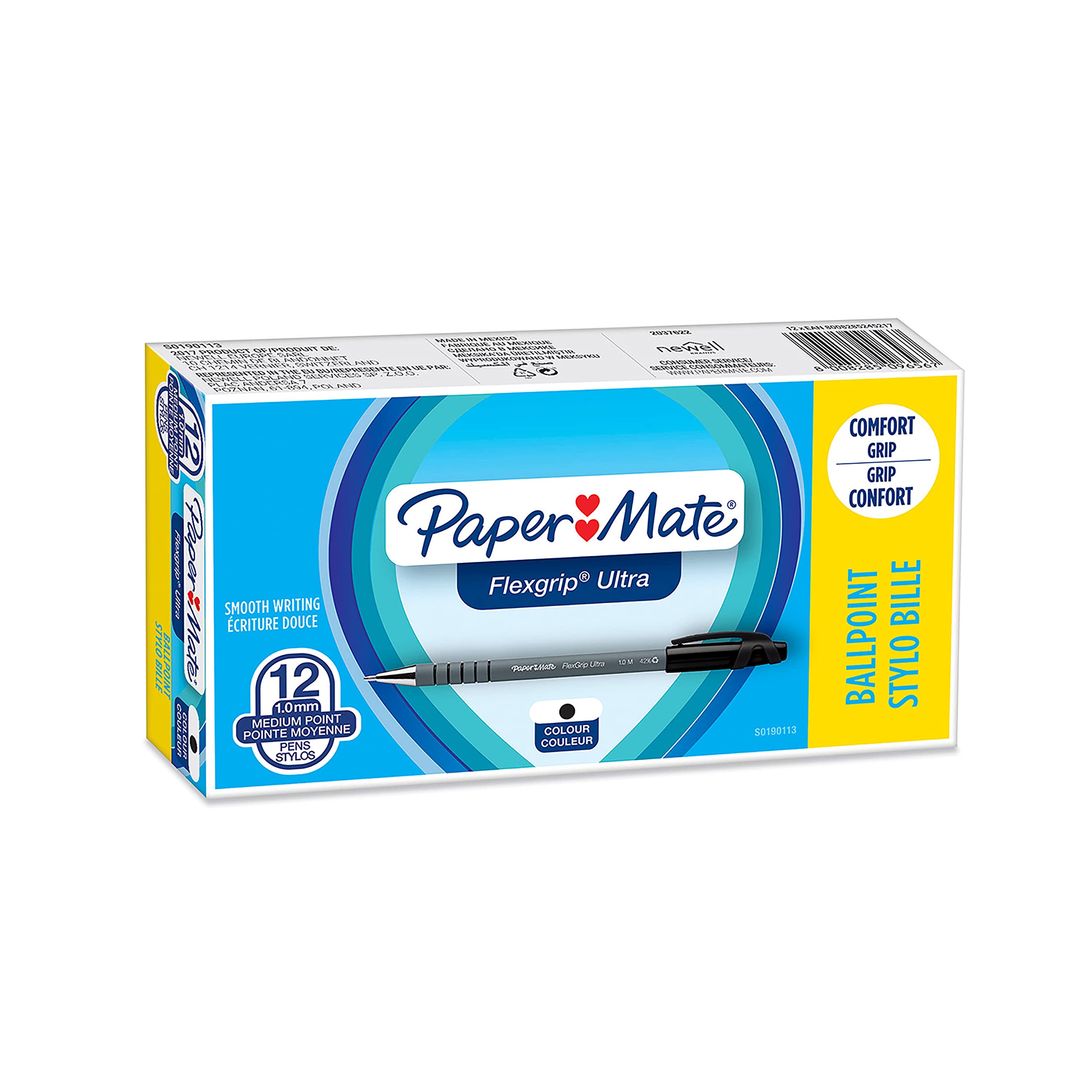 Paper Mate FlexGrip Ultra penna a sfera con cappuccio | punta media (1 mm) | nero | Materiale scolastico | confezione da 12