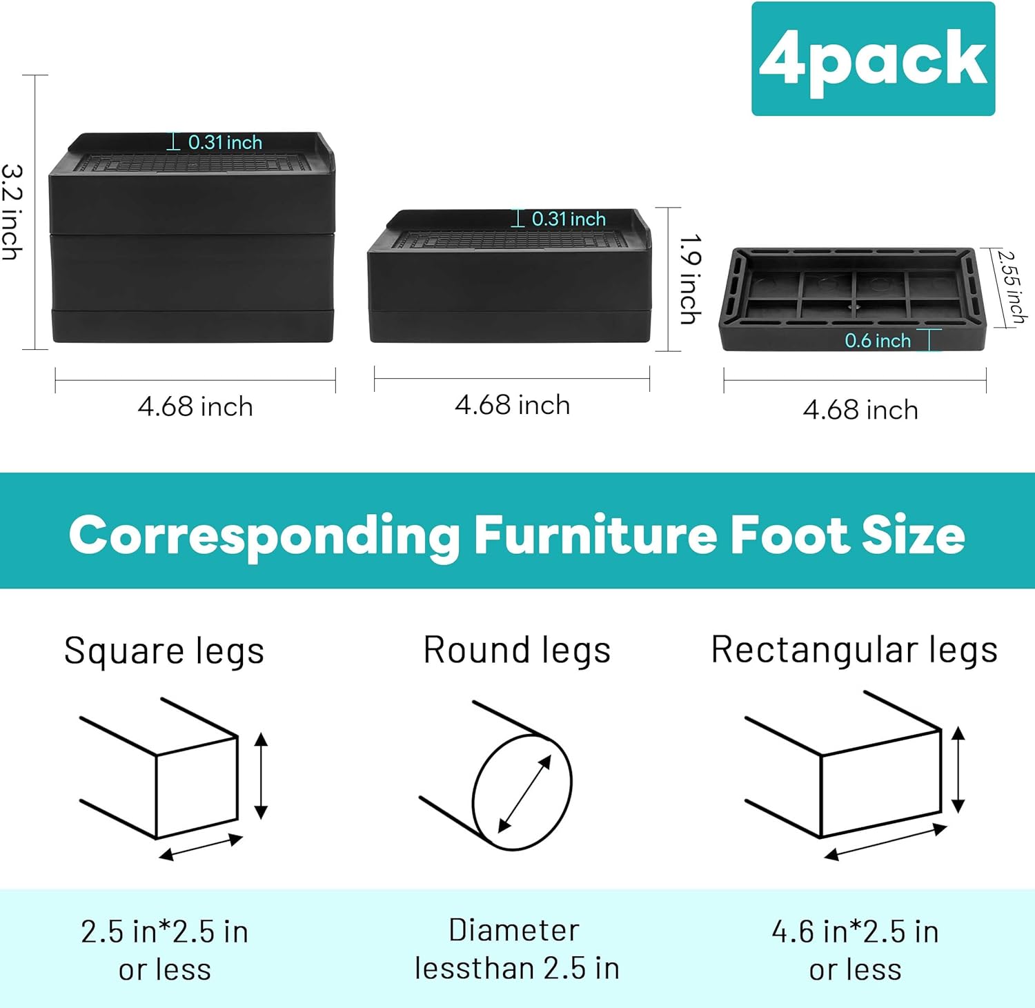 BTSD-home Adjustable Bed Risers 8 Pack Bed Raisers Blocks Lifts 1,3 or 4 Inch Suitable for Couch, Tables, Desk and Sofa