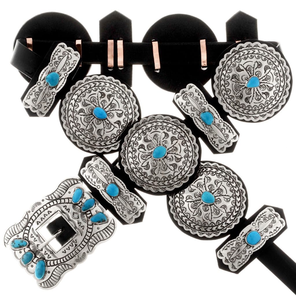 Alltribes Navajo Turquoise Concho Belt Full Size Mens Ladies Hammered Silver Accessory on Custom Sized Genuine Leather 0021