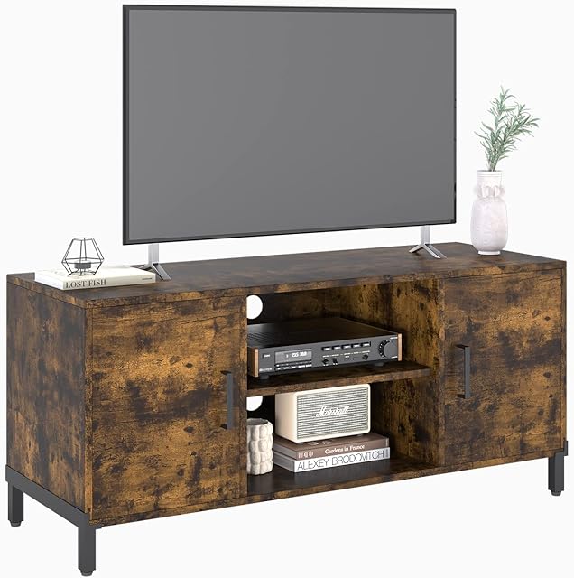 Novilla 110cm TV Stand Cabinet for 50 Inch TV, 2 Tier TV Cabinet with 2 Doors, Six-zone Storage, Adjustable Shelf & Metal table legs, Anti-scratch & Waterproof Desktop, Rustic Brown, 110x40x50cm