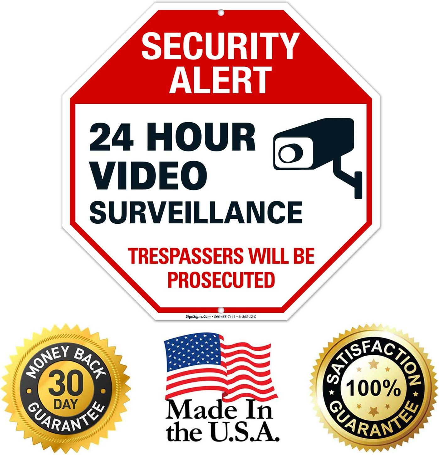 Video Surveillance Sign, 12x12 Octagon Shaped Rust Free Aluminum, Weather/Fade Resistant, Easy Mounting, Indoor/Outdoor Use, Made in USA (Pack of 4)