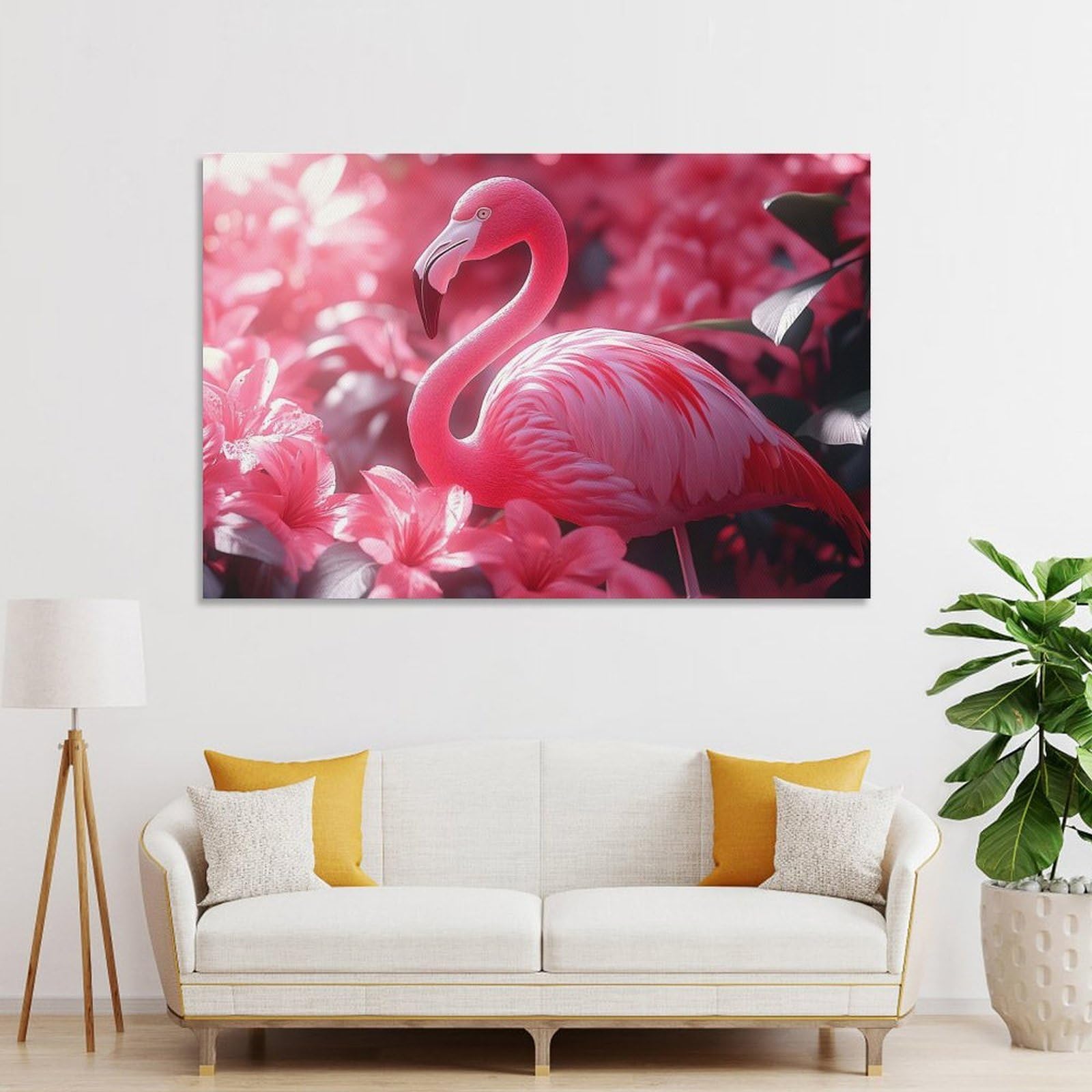 Junmoney Unframe-Style-19 Pink Flamingo Amidst Pink Flowers Decorative Wall Artwork 08X12inch(20X30cm), For Corridors, Hallways Or Apartment Entries, Home Artwork For First Impressions