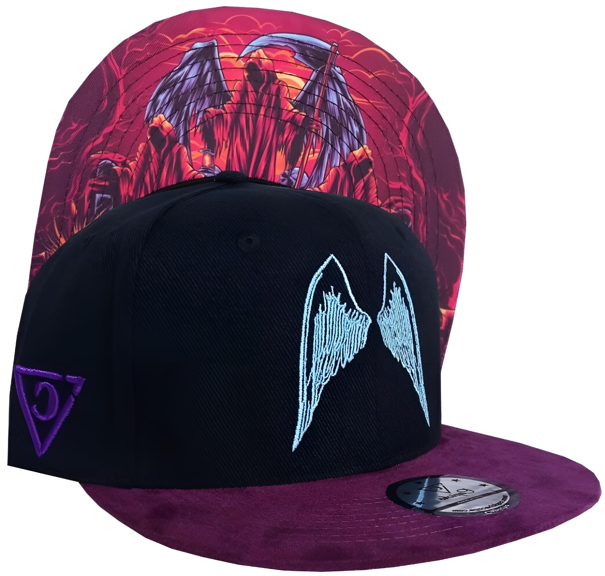 Capiche [99+ Variations] Angels Baseball Hat, of Death, Wings Black Snapback hat with Purple Suede Brim, Spooky Cap