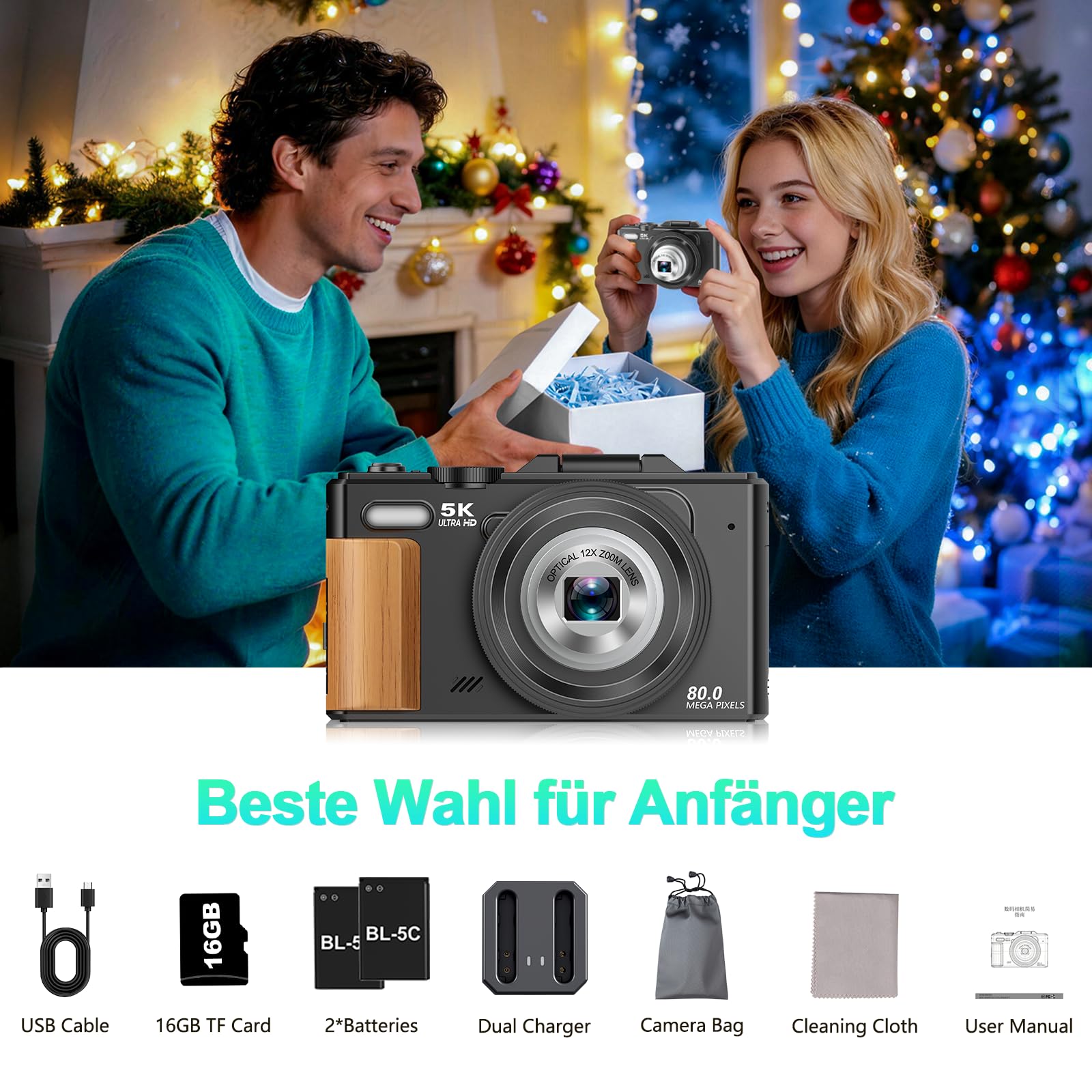 Digitalkamera 5K WiFi 80MP Kamera Fotokamera mit 12X Optischer Zoom, 3" 180° Flip Autofokus Fotoapparat Kompaktkamera für Anfänger, 2 Akkus, 16GB Karte, Schwarz