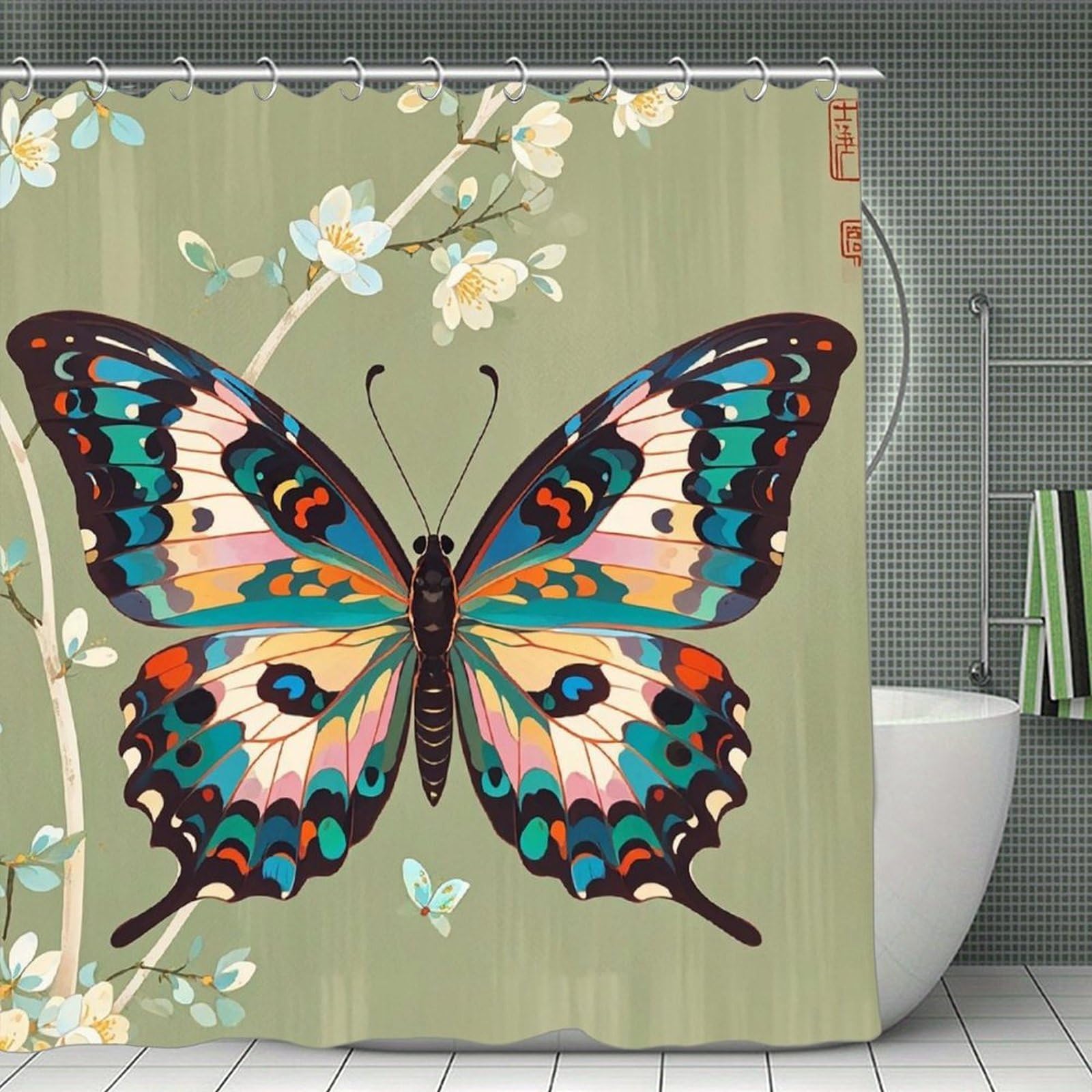 QMNLKH Ancient Butterfly Shower Curtain with Hooks, Waterproof Bath Curtains for Bathroom, Lightweight Bath Curtains Liner for Hotel, Personalized Bath Curtain for Spa, 70.8 Inch