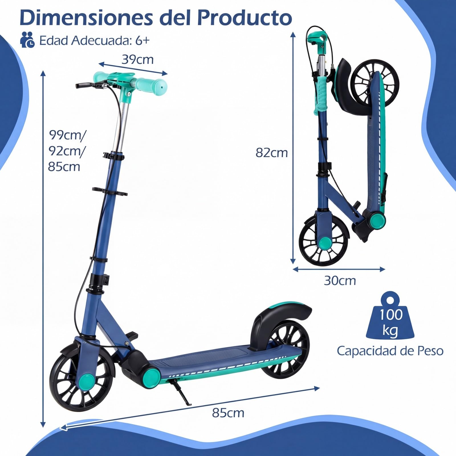 COSTWAY Patinete Plegable con LED Luminosas, Scooter Urbano de Altura Ajustable de 3 Nivles, Patinete Aluminio Ligero de 2 Ruedas para Adolescentes y Adultos, Niños 6+ Años, Carga 100kg — view 6