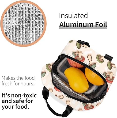 Miniatura 6 de Lonchera estética con estampado de hongos, bolsa de almuerzo con aislamiento Kawaii, bolsa de comida reutilizable, bolsas de almuerzo para mujeres y