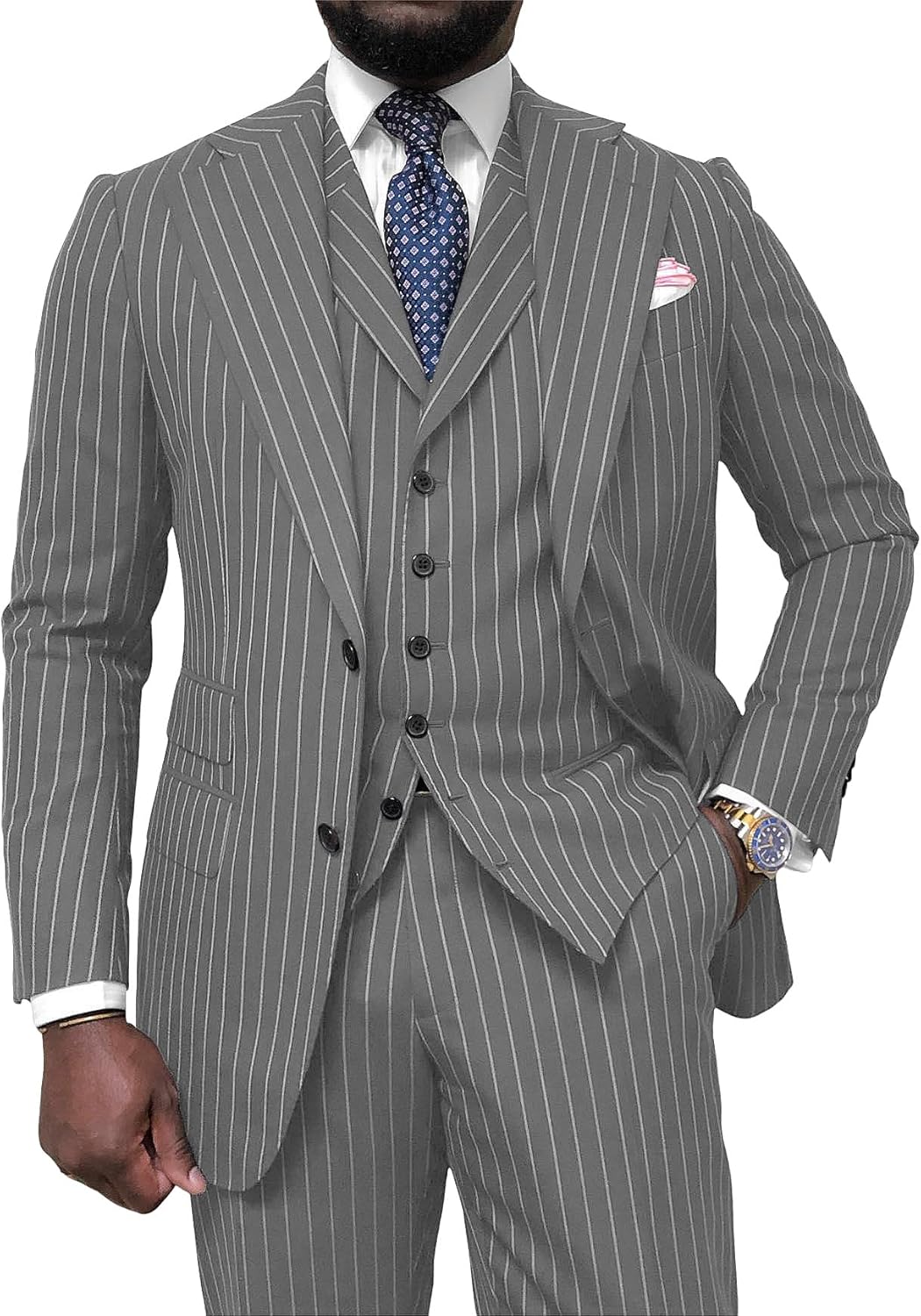 Wangyue Pinstripe Suit for Men 3 Piece Suits Black Formal