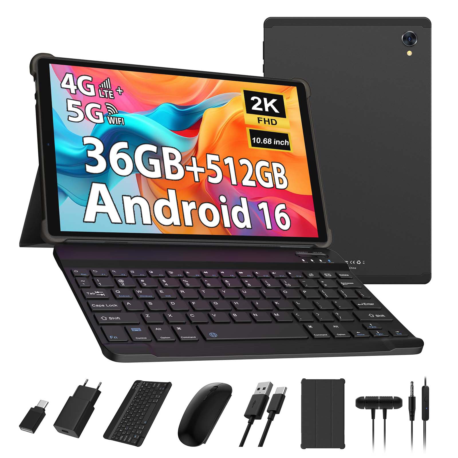 DOFACESH 2K Android 16 Tablet 10.68 Pollici, 36GB RAM+512GB ROM (2TB TF), 4G LTE+5G WiFi, Octa-Core, 2000 * 1200FHD, 8000mAh, 13MP+8MP, GPS, Tablet in offerta con tastiera ect (Nero)