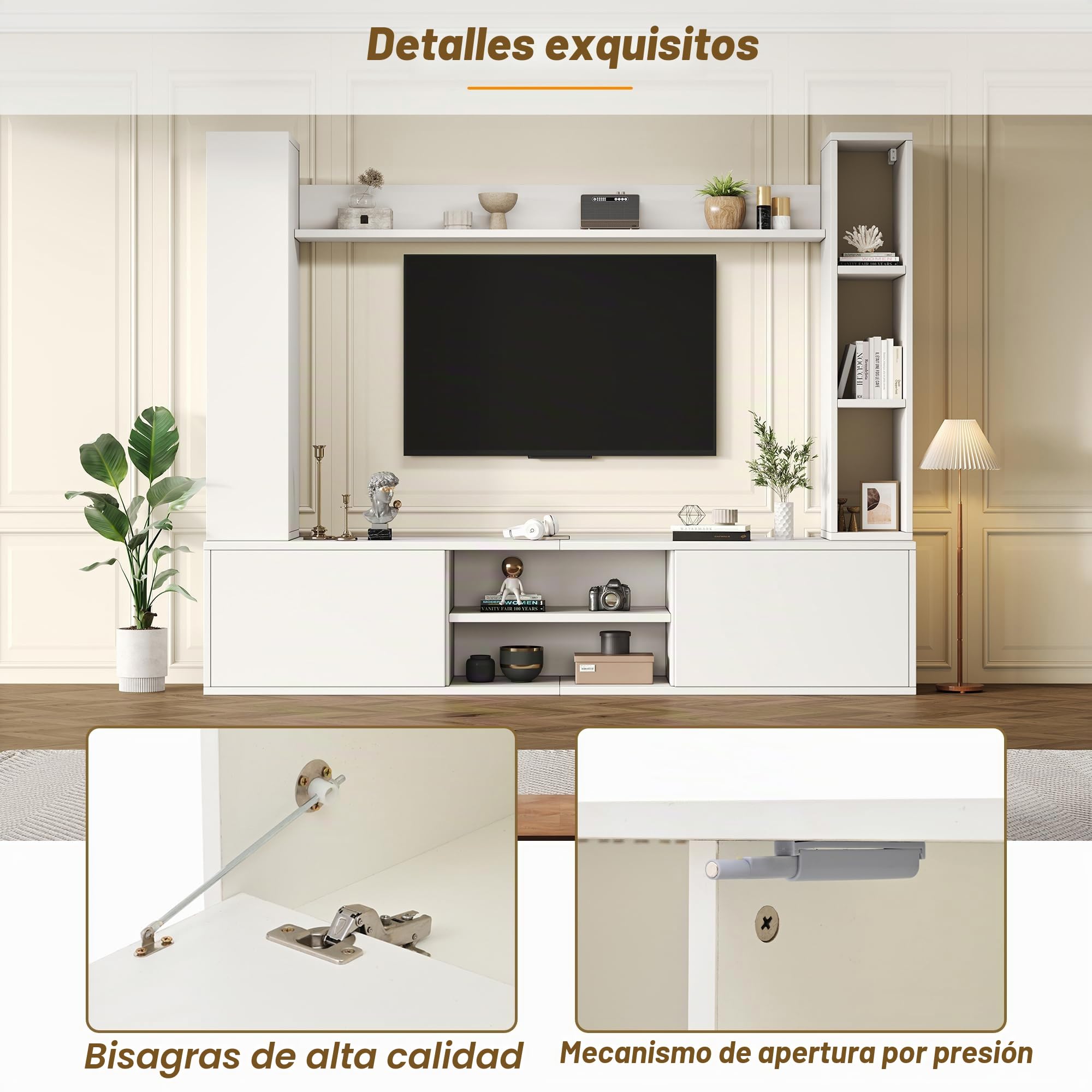 Juego de pared para TV de 180 x 35 x 33,5 cm con vitrinas (juego completo, 4 unidades), incluye tabla de TV, estantería de pie y 2 estantes de pared, juego de muebles de salón, mueble de TV