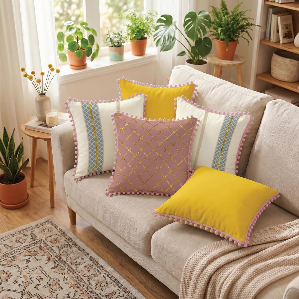 Urban Space Cotton Cushion Cover Set of 5, 16 x 16 Inches, Decorative Throw Pillow Covers with Pom Pom, Printed Sofa Cushion Covers for Living Room, Home Decor (CC3, 40Cm x 40Cm, Set of 5)-image-2