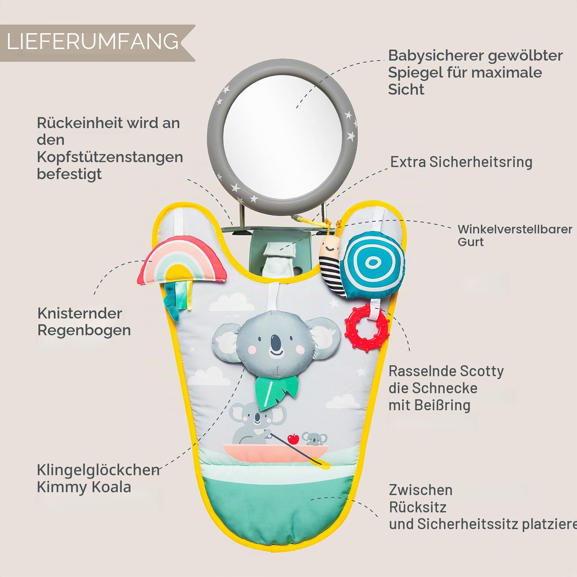 Koala In-Car Play Center Eltern- und Babyreisebegleiter. Car Activity Center mit Spiegel, um das Baby ab 0 Monaten vom Fahrersitz aus zu beobachten von Taf Toys 12485, grau