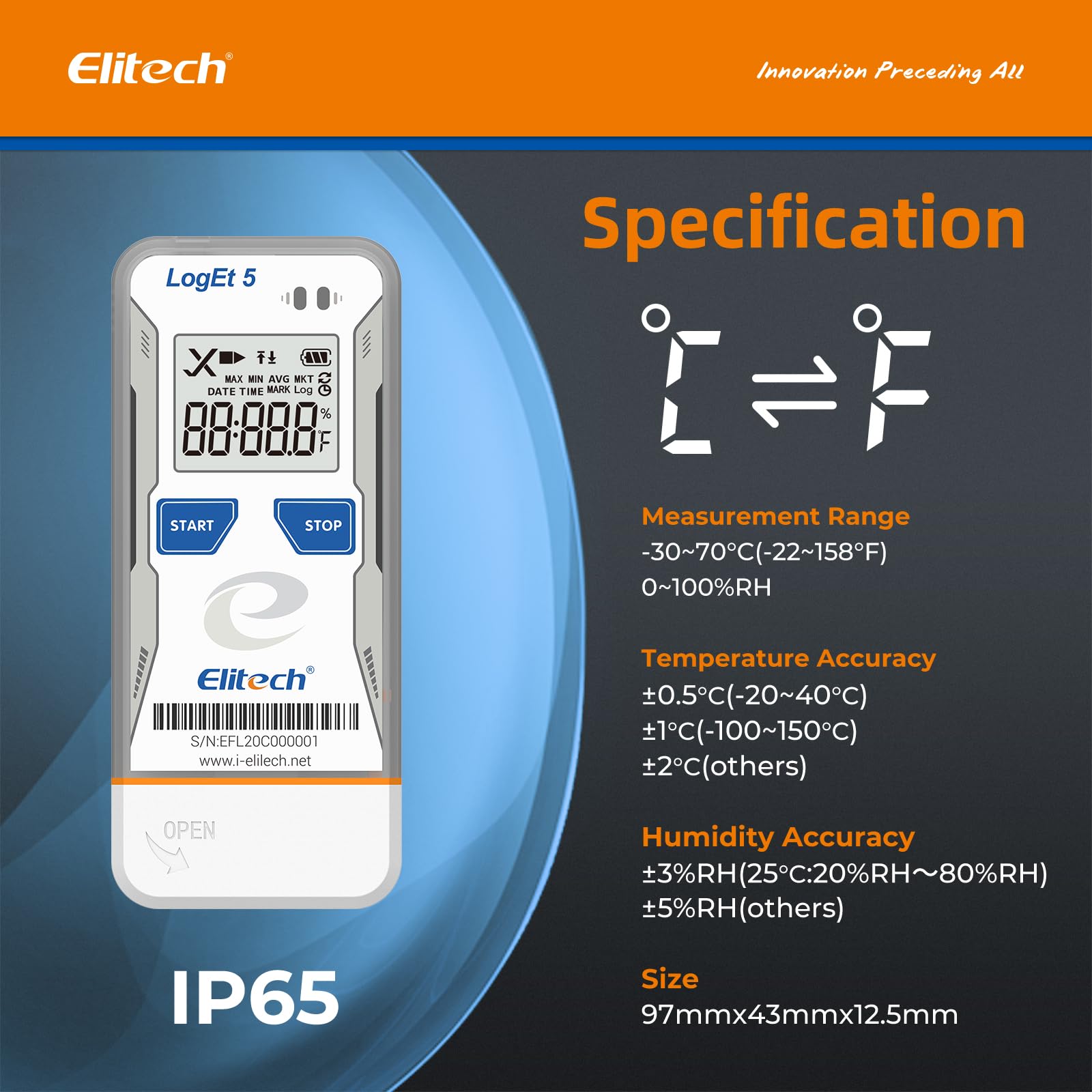 Elitech LogEt5TH Registratore Dati Digitale di Umidità della Temperatura USB 32000 Punti Rapporto PDF CSV