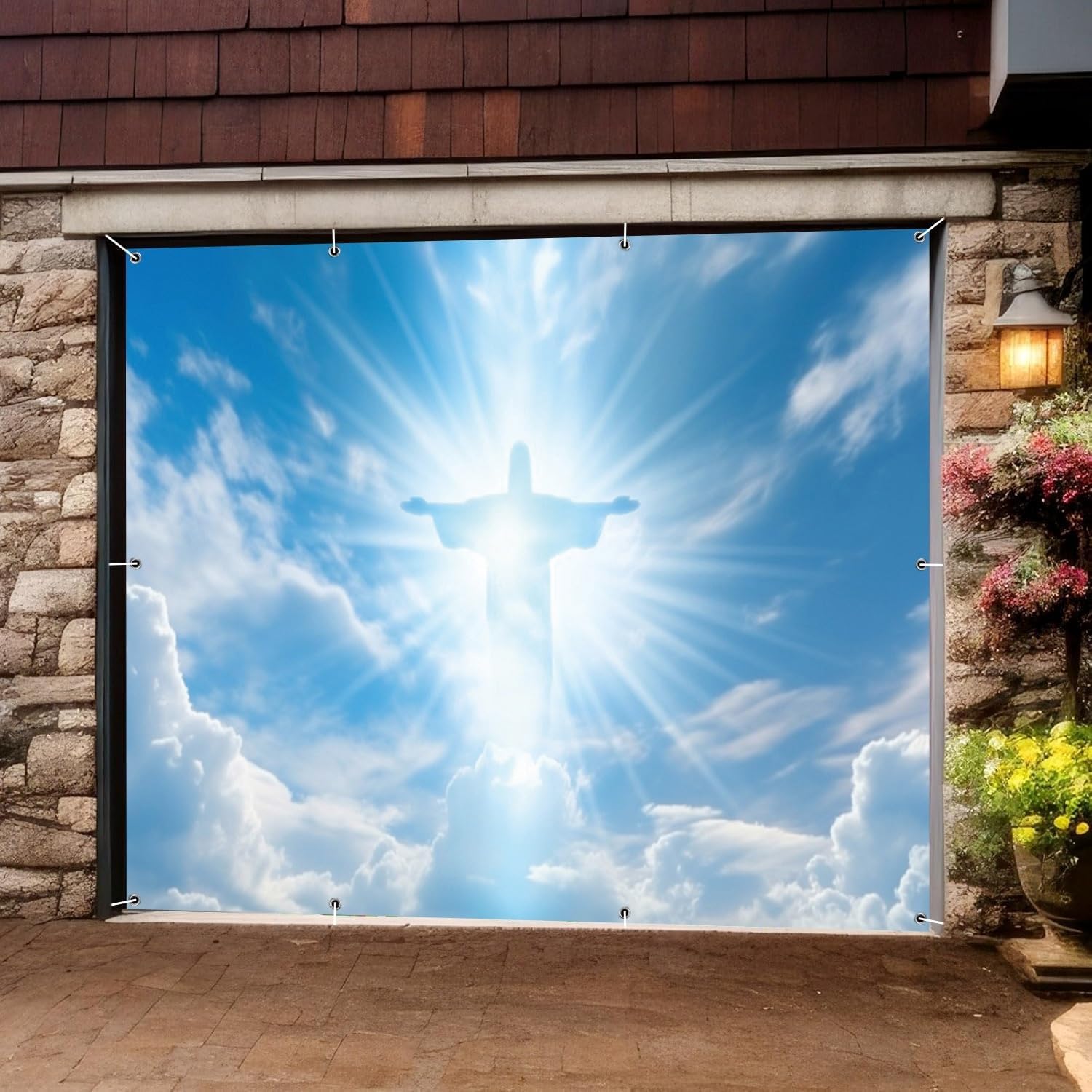 OERJU Heaven Garage Door Cover Jesus Cross Religious Easter Garage Door Banner Decorations Easter Mural Christian Church Events Party Supplies Indoor Outdoor Wall Cover Home Decor 7x8ft