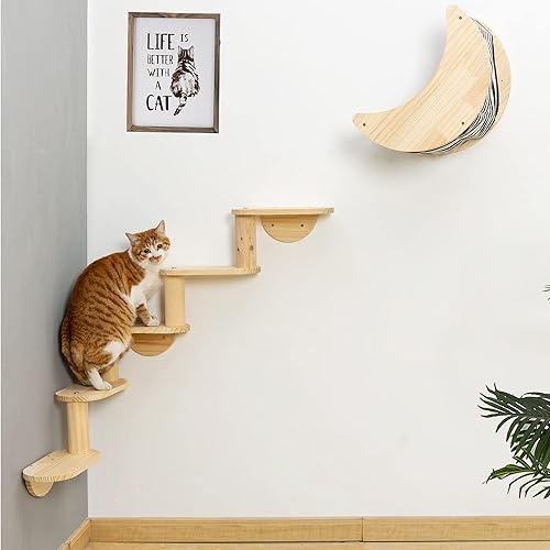 Estante para hamaca de montaje en pared con escalera de escalada de 5 niveles, estantes y perchas para actividades en interiores para gatos (5