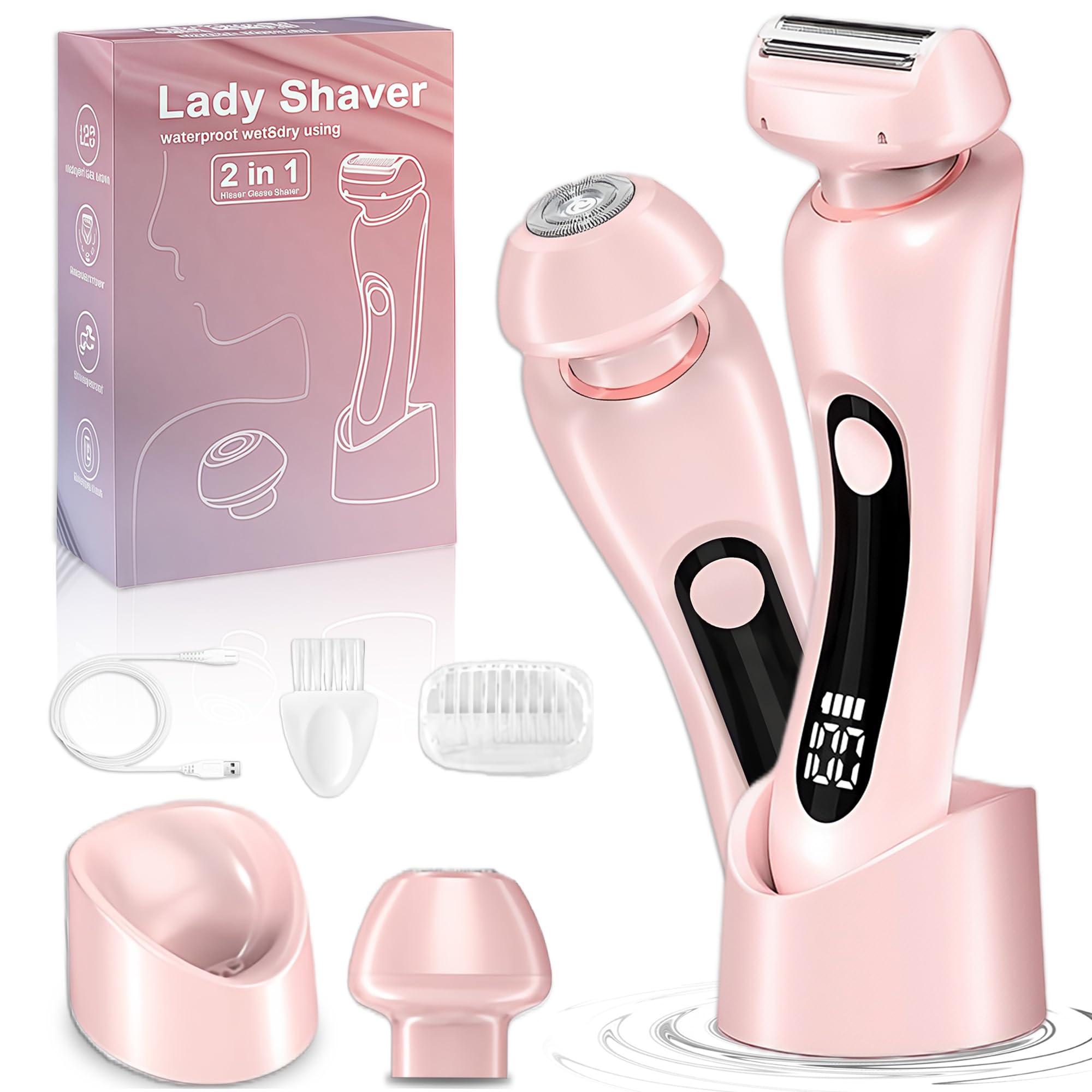 2 in 1 Electric Shaver for Women Wet Dry Dual Use IPX7 Waterproof with LED Display USB Recharge Dock Dry Use Body Hair Trimmer and Facial Hair Remover for Bikini Underarm Leg Arm Face (Pink)