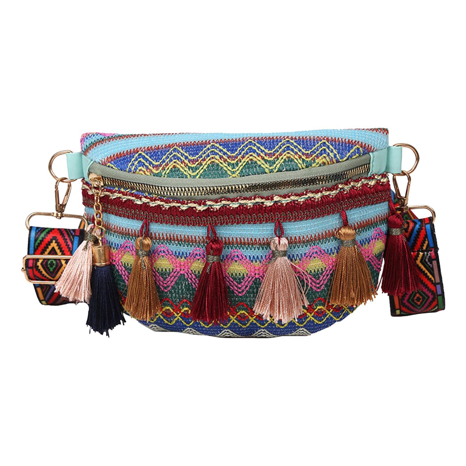 NIVAA Bohemian Fanny Pack Bag Fashionable with Tassels Chest Bag for Running Blue-image-14