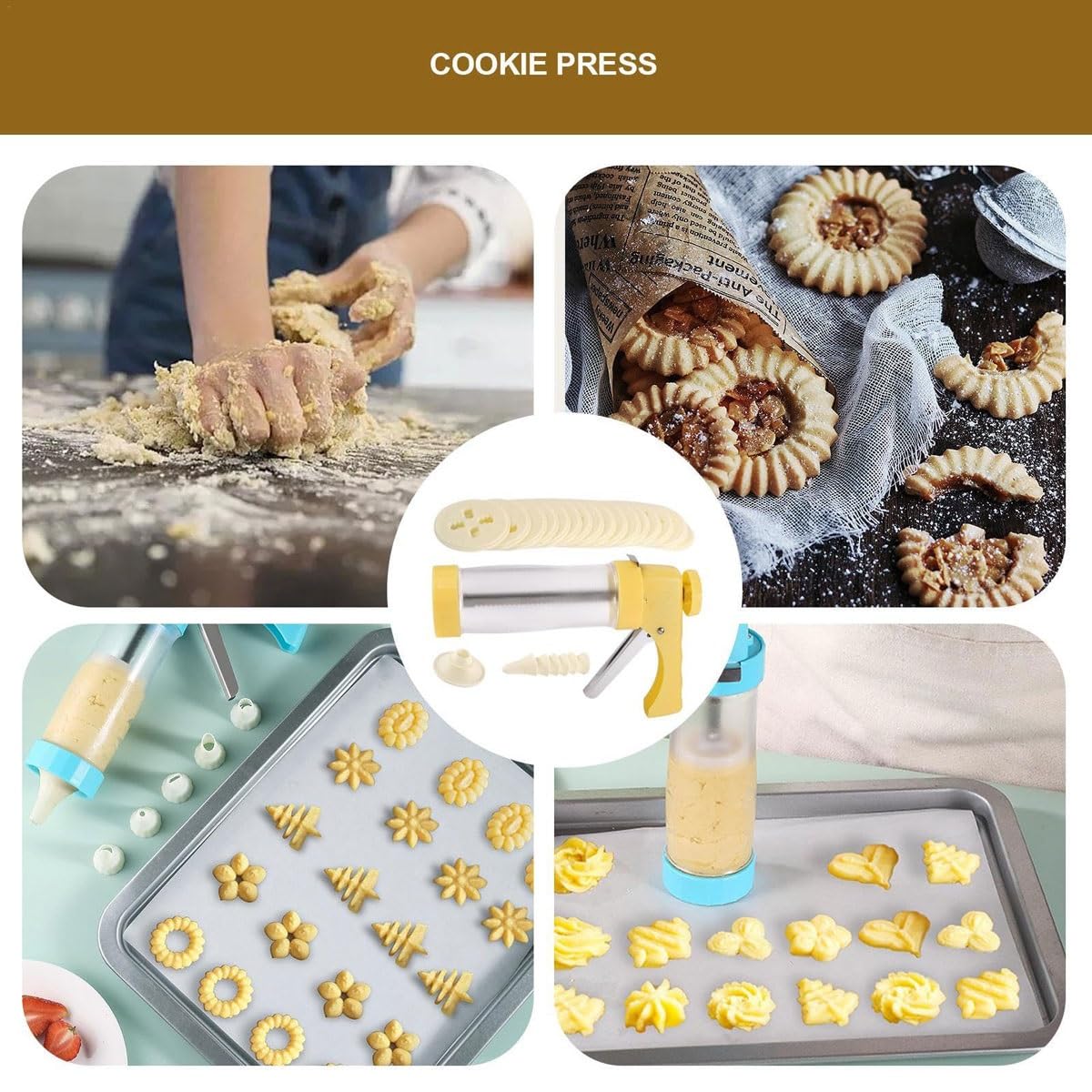 Máquina para hacer galletas con 16 discos de prensa de galletas y 6 puntas de glaseado, herramienta perfecta para hacer galletas Spritz, churros, chocolate y dulces