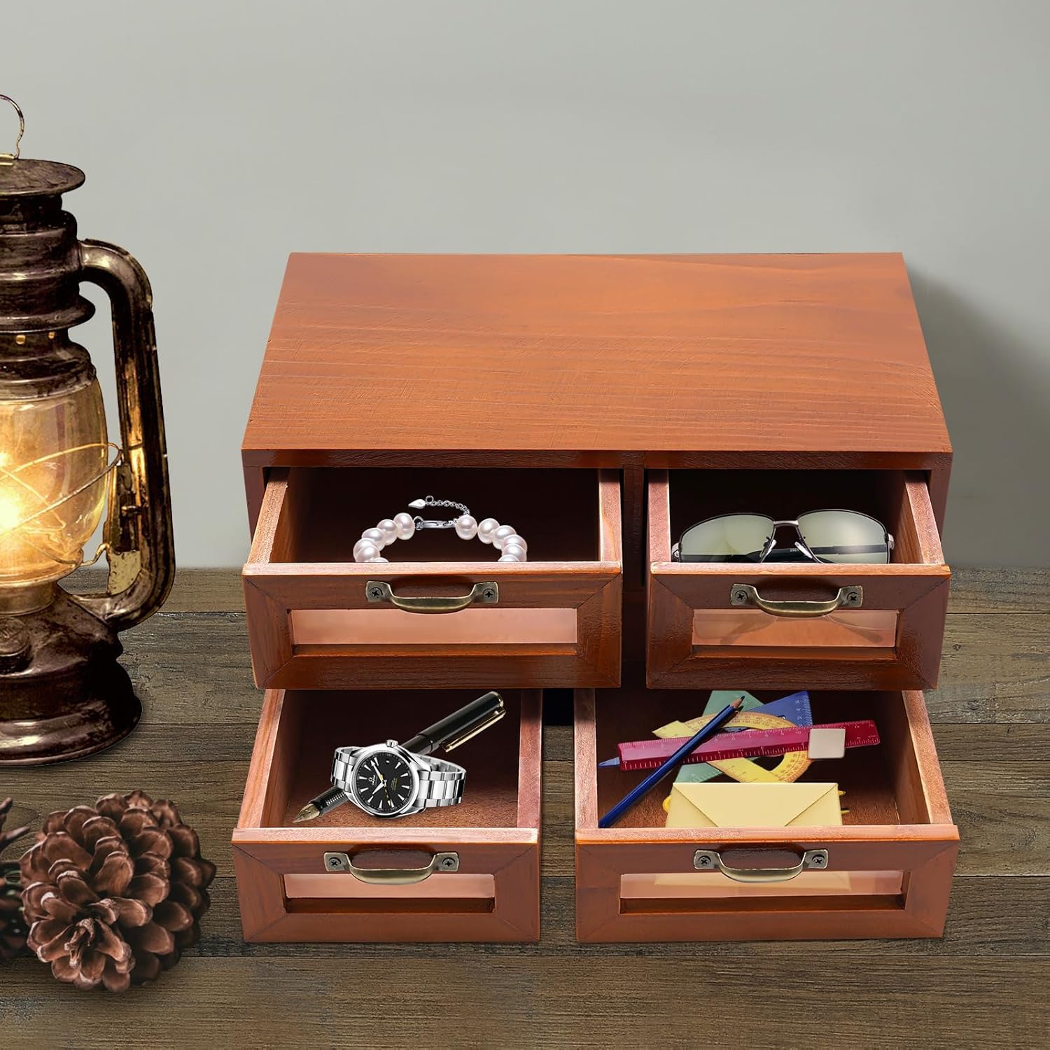 Organizzatore da Scrivania Multilivello in bambù con 16 Cassetti Trasparenti - Mobiletto in Legno per Ufficio E Casa - Elegante Mobiletto da Tavolo in Stile Farmacia per Brown 4 Drawer