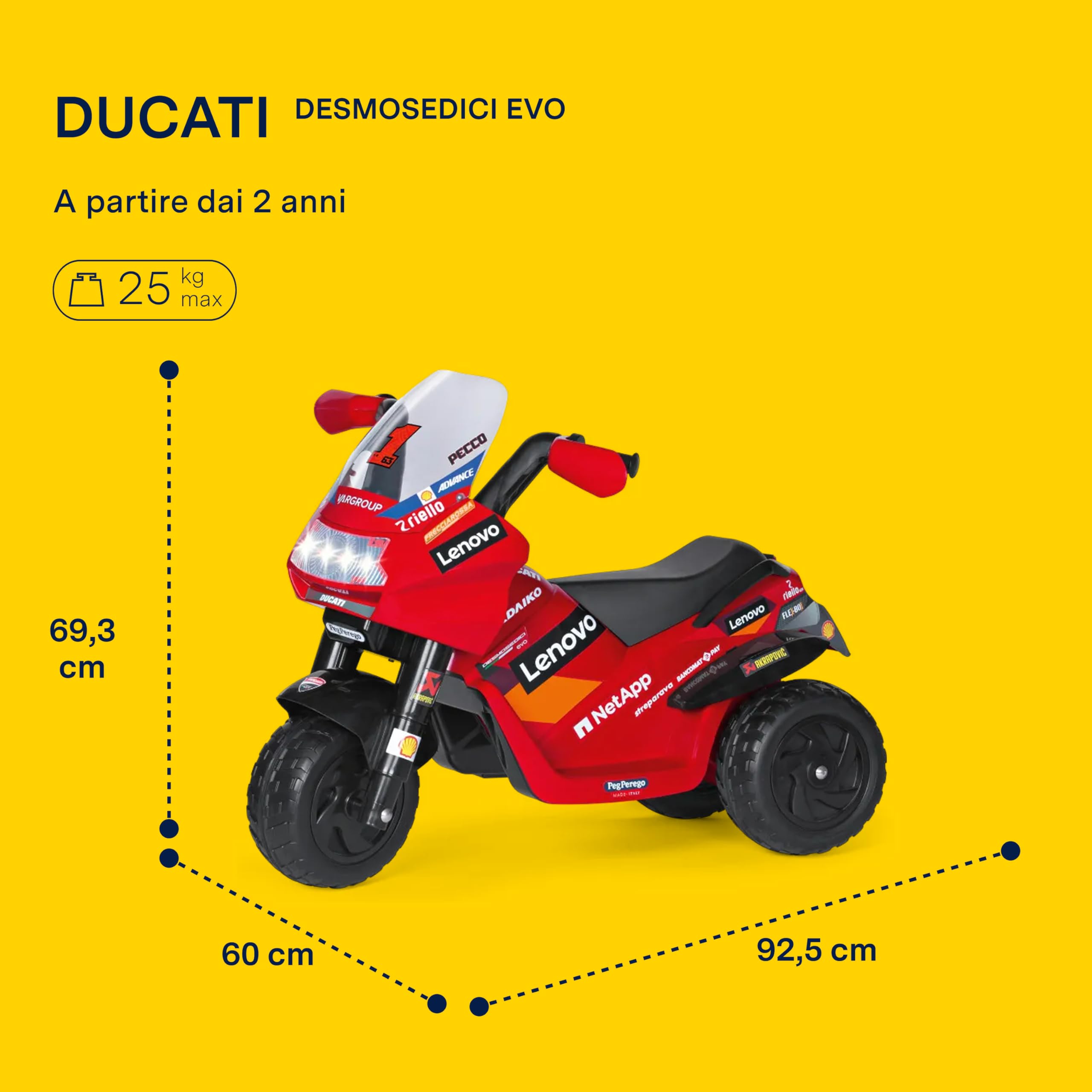 PEG Ducati Desmosedici EVO Moto Elettrica per Bambini 2+, con Luci, Suoni e Clacson, Acceleratore a Pedale, Batteria Ricaricabile 6V