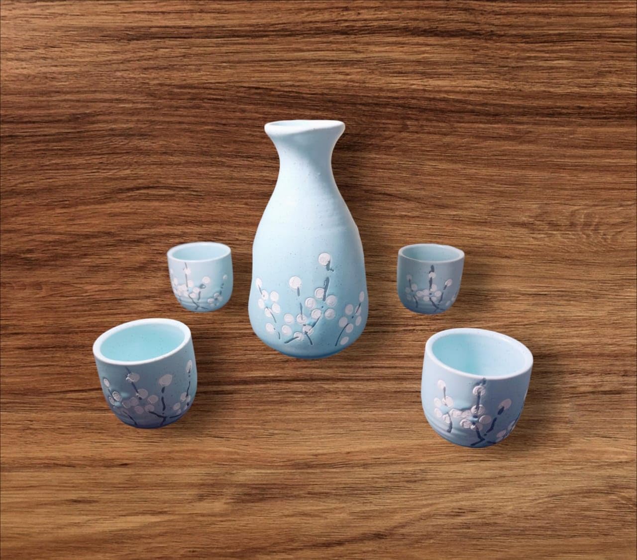 LS LUXURIOUS Blue Floral Japanese Porcelain Sake Set with 4 Cups 1 Decanter/Bottle/Carafe