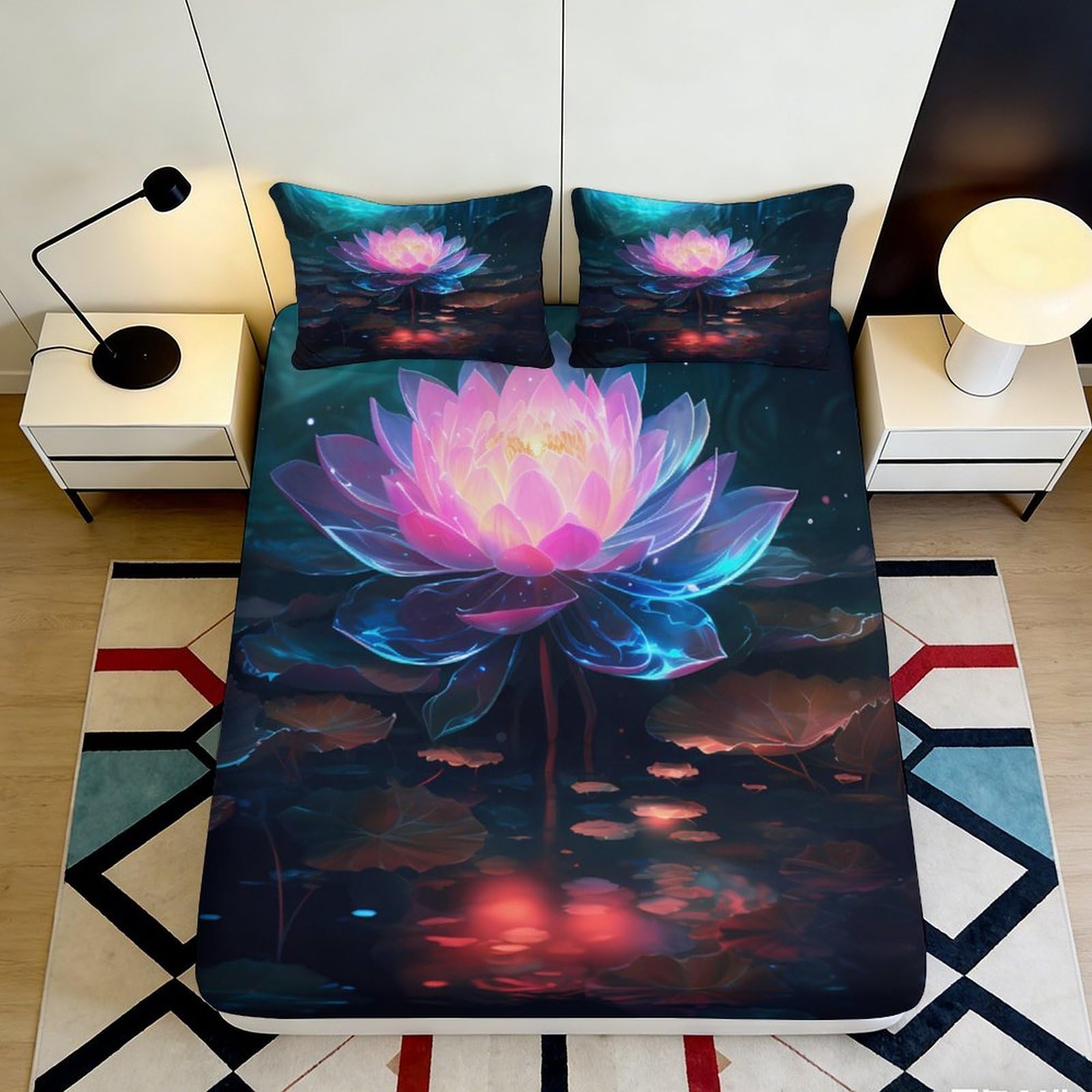 Jqzkxnhpbr Style-1 3D Printed Lotus Flower Fitted Sheet Microfiber Soft Anti-Slip Artistic Water Reflection Bed Cover For Bedroom Guest Room Decor 90X200x25cm