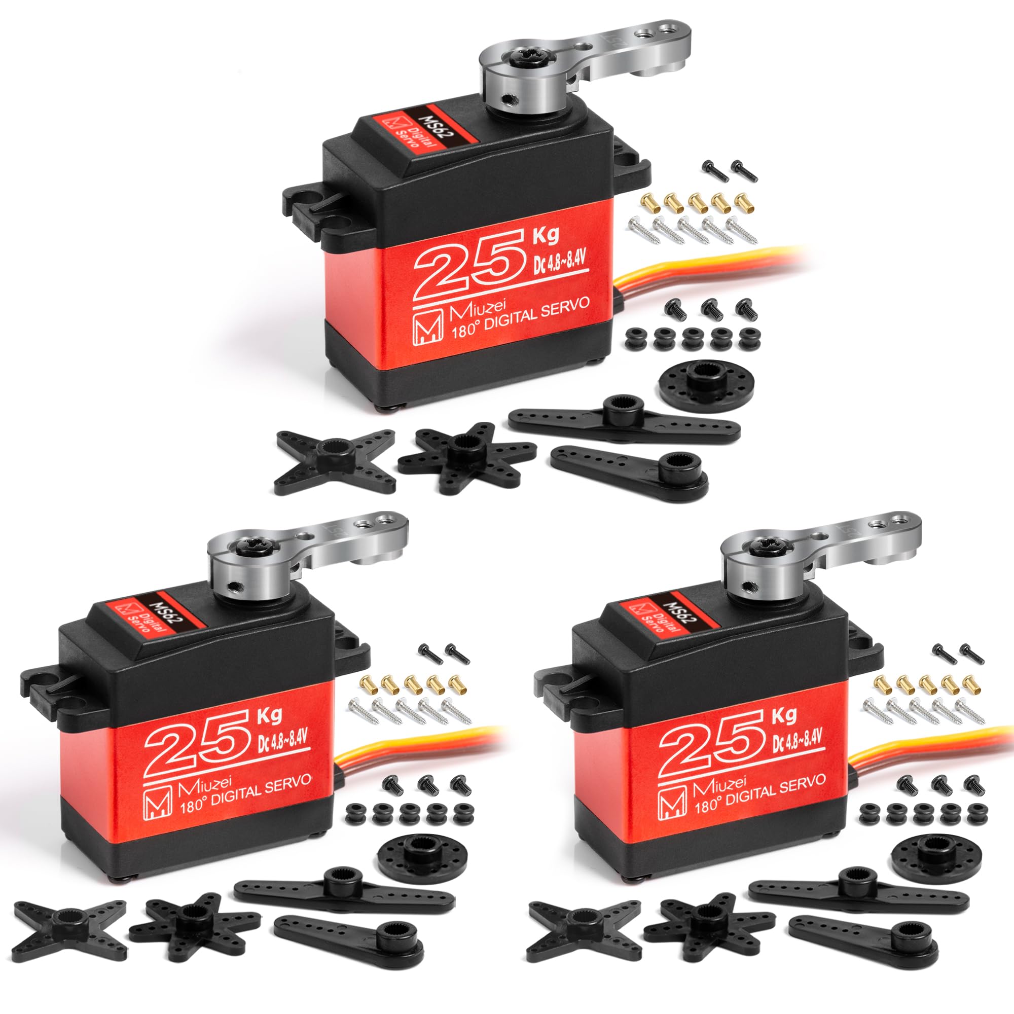 Miuzei Servo RC da 25 kg, 180°, digitale, 8,4 V, ingranaggi in metallo per camion Crawler | 3 pezzi, 0,14 s, paraspruzzi, forte braccio in alluminio CNC, 25T, servo sterzo per 1/8 1/10 Truggy escavatore barca robot