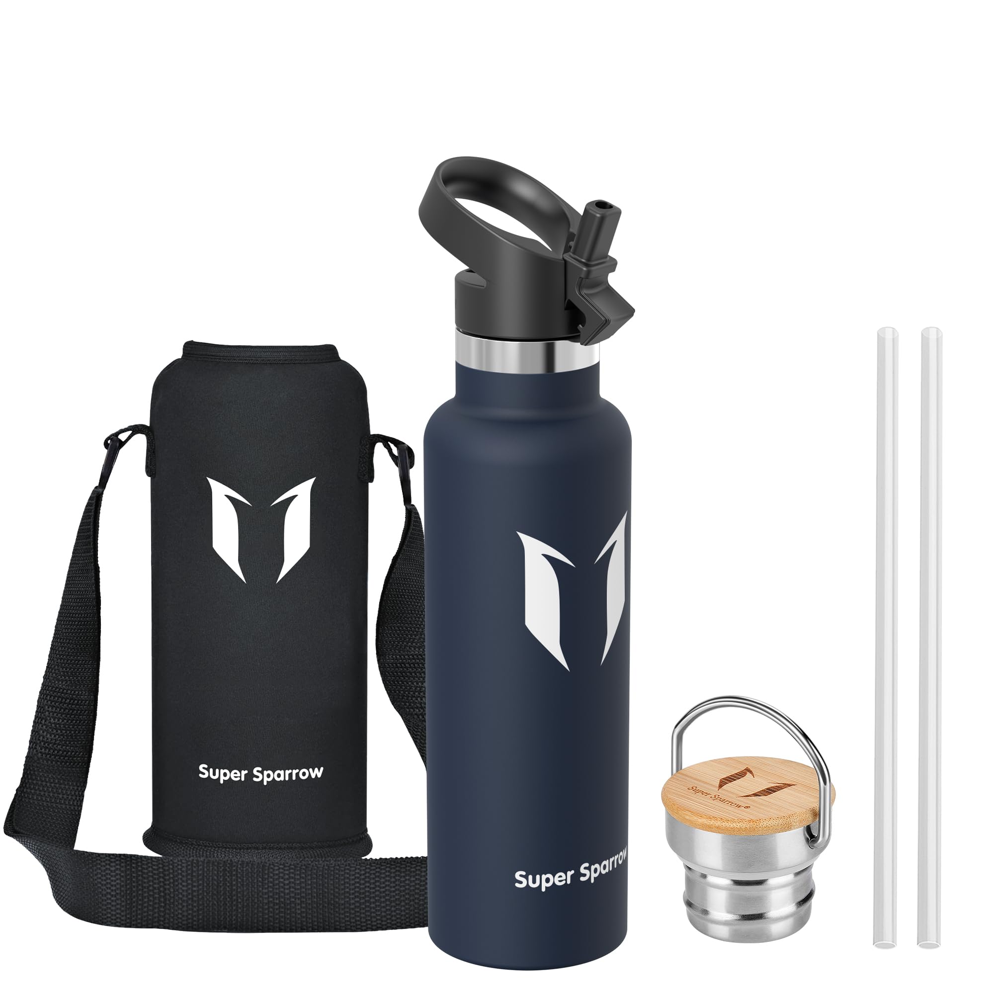 Super Sparrow Trinkflasche Edelstahl - 500ml/750ml/1L - Auslaufsicher Thermoskanne, BPA-Frei Wasserflasche - Thermosflasche Kinder für Sprudel, Sport, Schule, Fitness - Mit 2 Deckeln