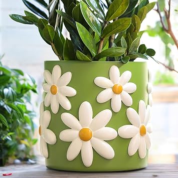 GUGUGO 8 Inch Daisy Planters, Decorative Large Plant Pots with Drainage Holes, Funny Unique Flower Pot for Indoor Plants, Colorful Gardening Pot for Boho Modern Home Decor, Green