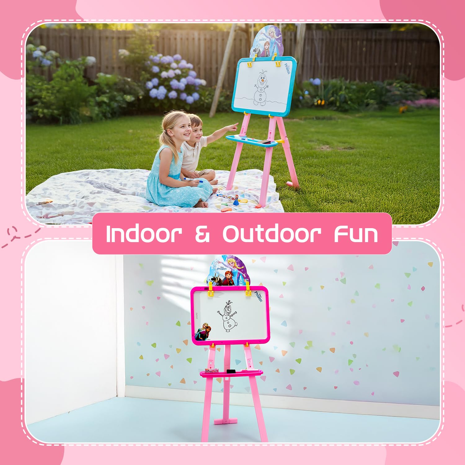 Amazon Brand - Jam & Honey Frozen 5-in-1 Easel Board for Kids 4+ Years, Double Sided Blackboard & Whiteboard with Stand, Chalk Marker Duster Set, BIS Certified Safe 2