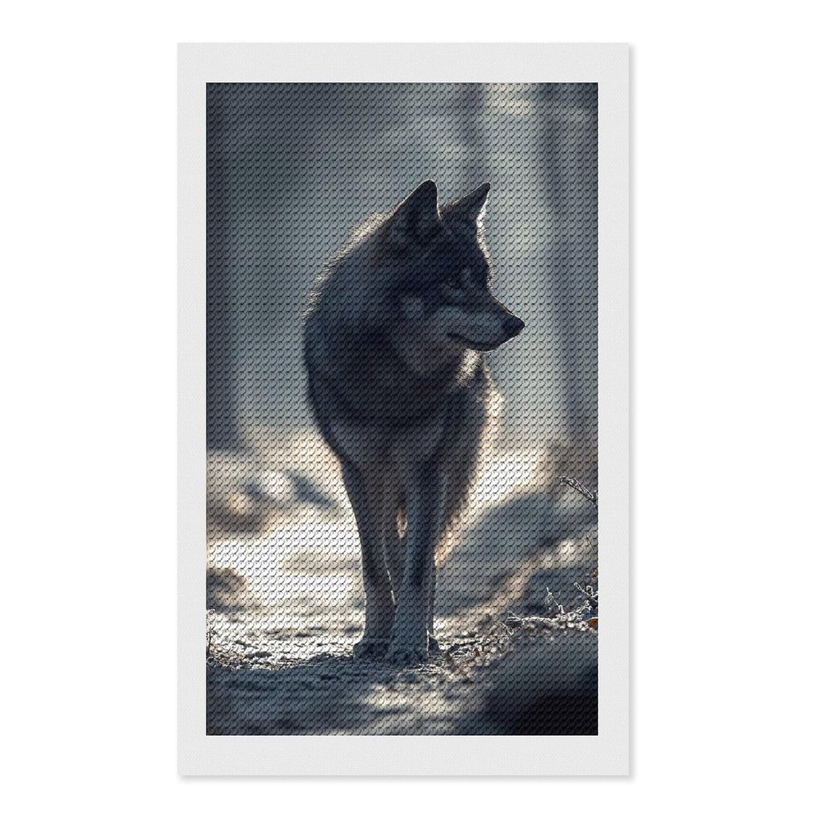 Junmoney Wolf in Winter Forest DIY Diamond Art Canvas Kit 12"x20", Adhesive Canvas, Easy to Enjoy, Farmhouse Decor, Festive Craft Gift