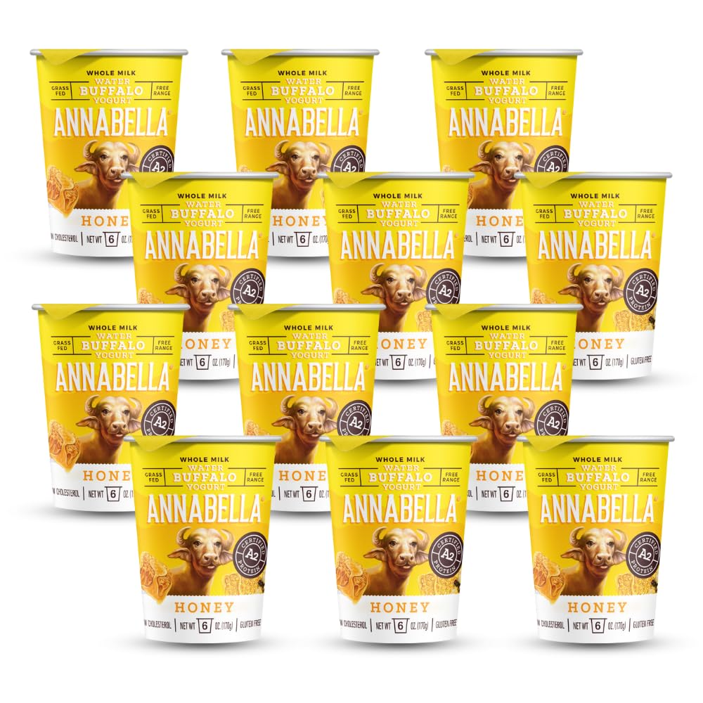 Annabella Water Buffalo Yogurt, A2 Milk, Grass Fed More Protein and Calcium, 50% Less Cholesterol and Lactose, Gluten Free, Small Batch, Mix in Smoothies, 6 Ounce, Pack of 12, Honey