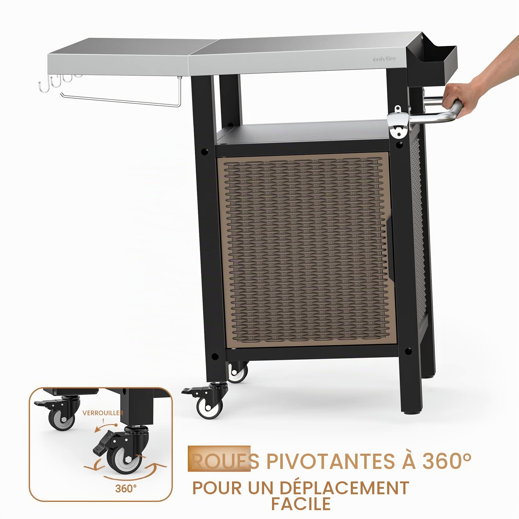 Onlyfire Chariot de rangement pour barbecue, table de service de jardin avec boîte d'assaisonnement et espace de rangement fermé, pour barbecue et cuisine en plein air