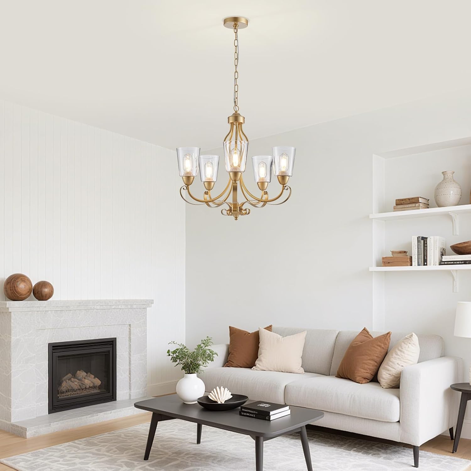 5-Light Modern Gold Chandelier for Dining Room Over Table Glass Candle Pendant Lighting Fixture 24" for Bedroom Living Room Kitchen Island Hallway Foyer