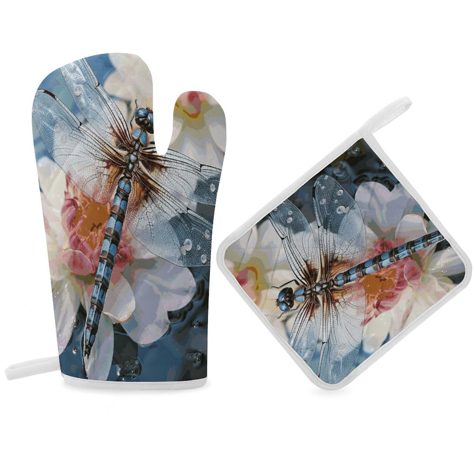 Fodpand Women's Style Dragonfly Lotus Oven Mitts And Pot Holders Sets,Oven Gloves For Kitchen Oven Mitts And Potholders For Baking Cooking Grilling Apartment Essentials