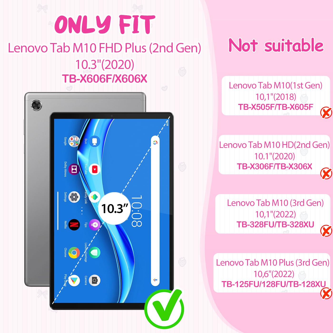 Custodia per Lenovo Tab M10 FHD Plus 10.3 Pollici TB-X606F/TB-X606X, Leggera Antiurto Cover per Bambini con Cavalletto e Spallacci, per Lenovo M10 FHD Plus 10.3" Modello 2020 Tablet, Rosa