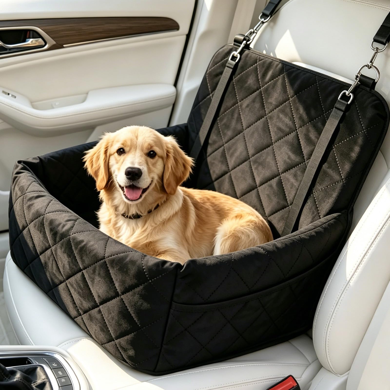 Seggiolino auto per cani, sedile posteriore per cani, con memory foam spessa, sedile sicuro per cani per auto con spessa memory foam, 2 cinture di sicurezza e fodera lavabile