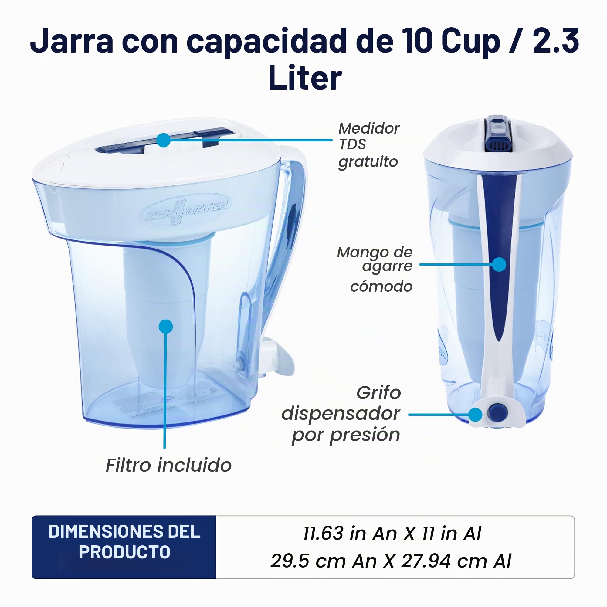 ZeroWater Jarra filtradora de agua de 2,4 litros, Medidor de Calidad de Agua Gratis, Libre de BPA y certificada para Reducir el Plomo y Otros Metales Pesados, Cartucho Filtro Incluido