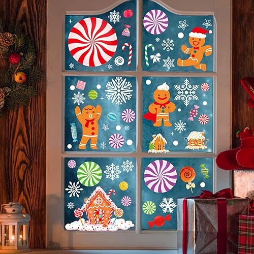 Miniatura 6 de Adhesivos de Navidad para ventana, 137 calcomanías de Navidad de hombre de jengibre, decoraciones de dulces de menta de Navidad de doble cara para