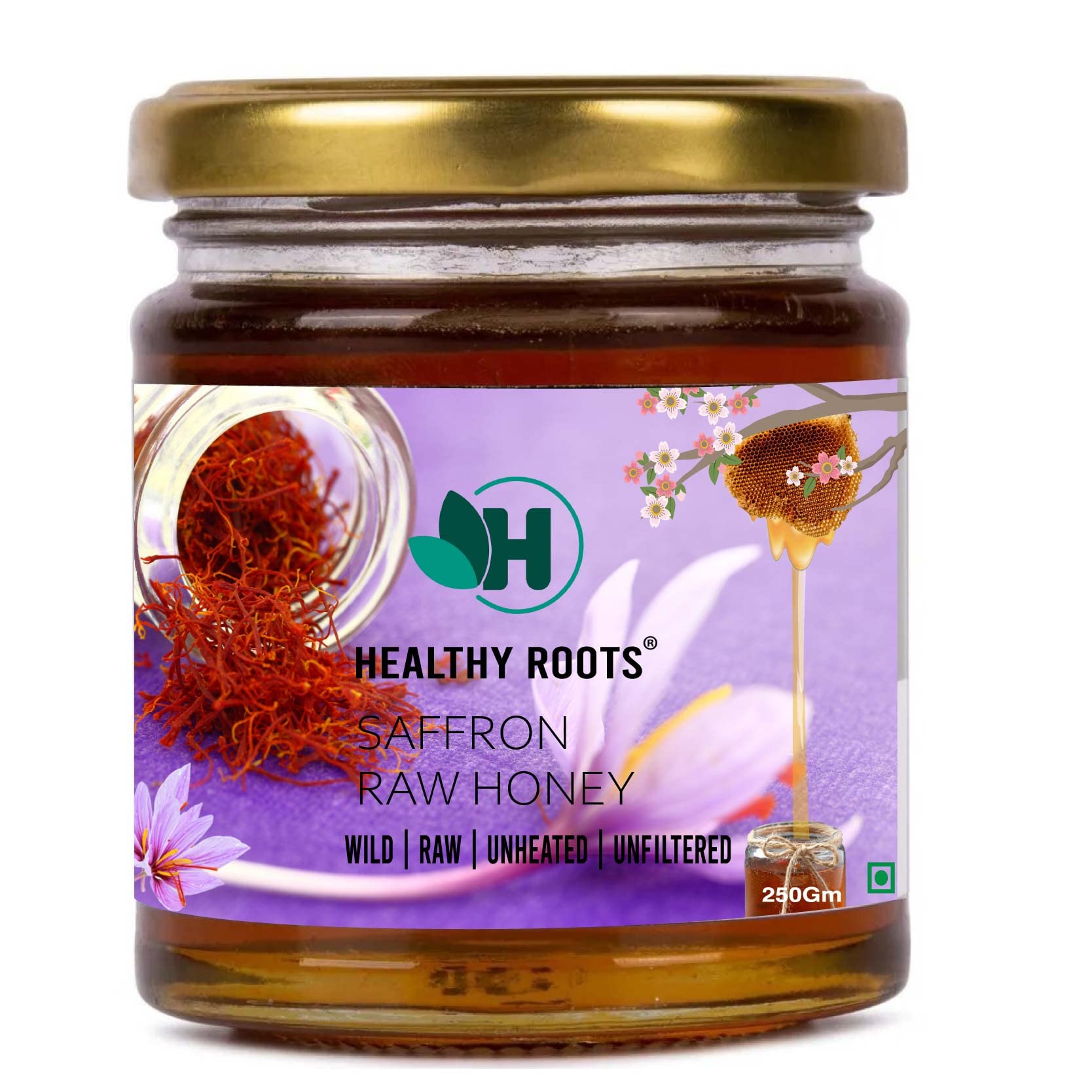 Healthy roots Saffron Honey 250gm- Organic Honey Raw Unprocessed (Pure Honey 100% Natural No Added Sugar)
