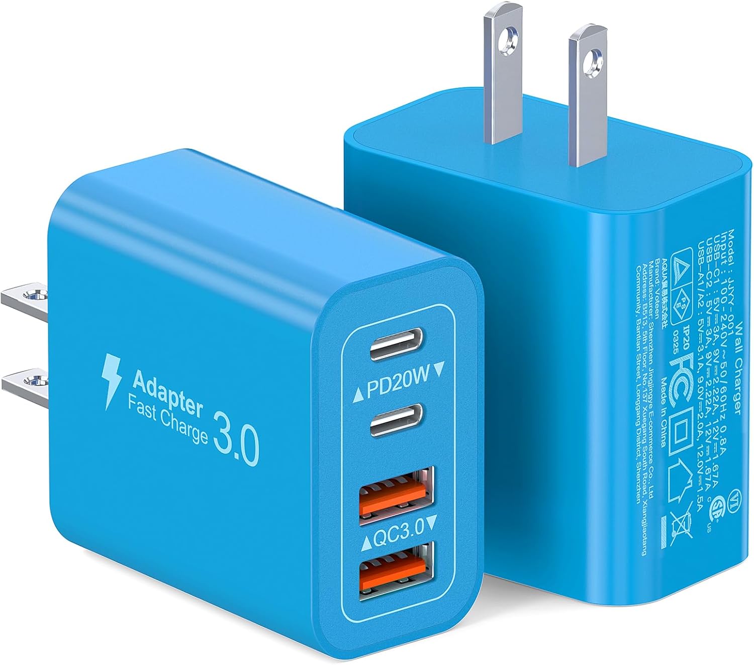40W USB C Charger Block, 2-Pack 4-Port Type C Fast Charging Brick Dual PD&QC Wall Plug Adapter Power Brick for iPhone 13/14/15/16/17/Pro Max Plus/iPad/Airpods/iwatch/Samsung Galaxy (Light Blue)