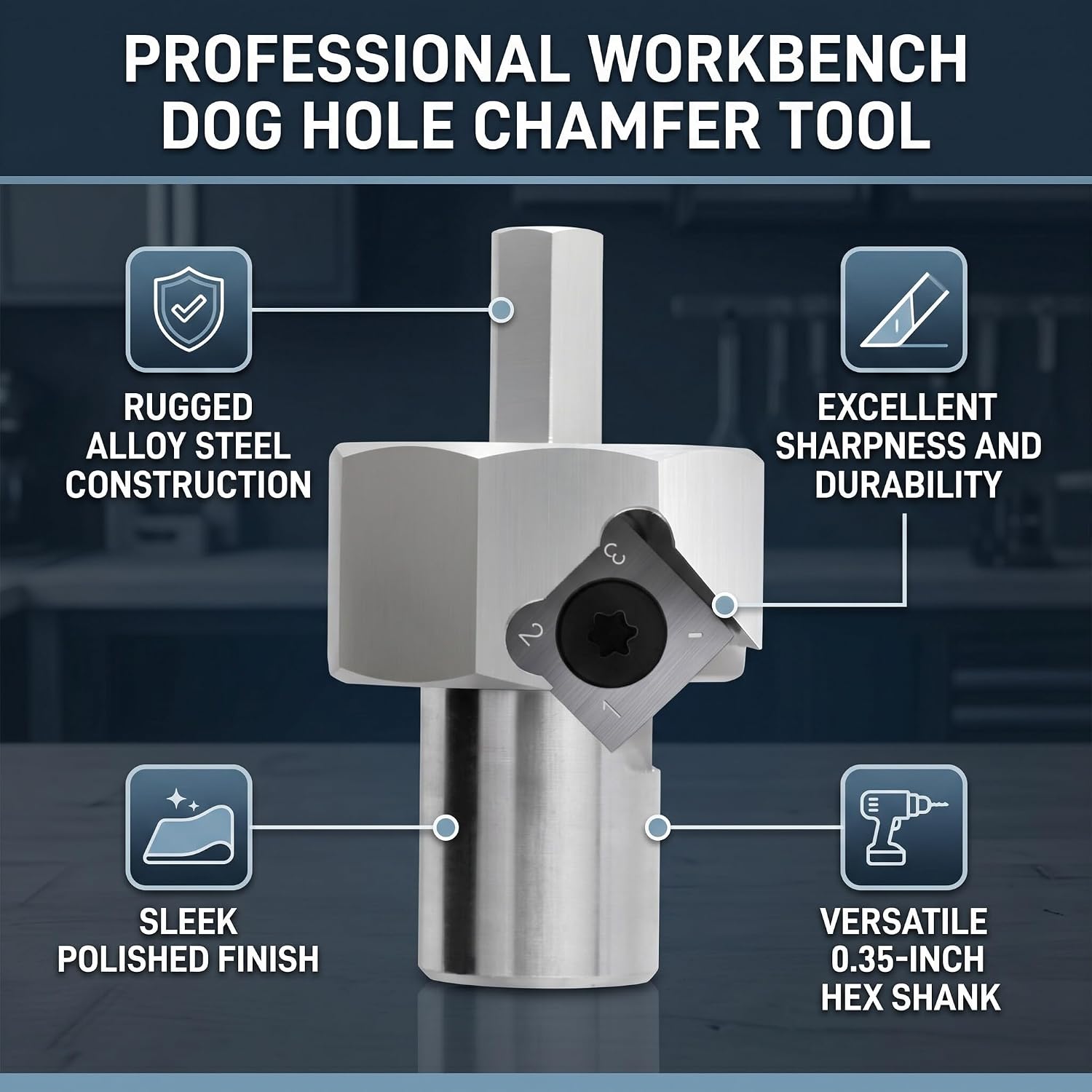3/4 Inch Bench Dog Hole Chamfer Reamer - Alloy Steel for Woodworking, Polished Finish, Hex Shank for Electric Drills