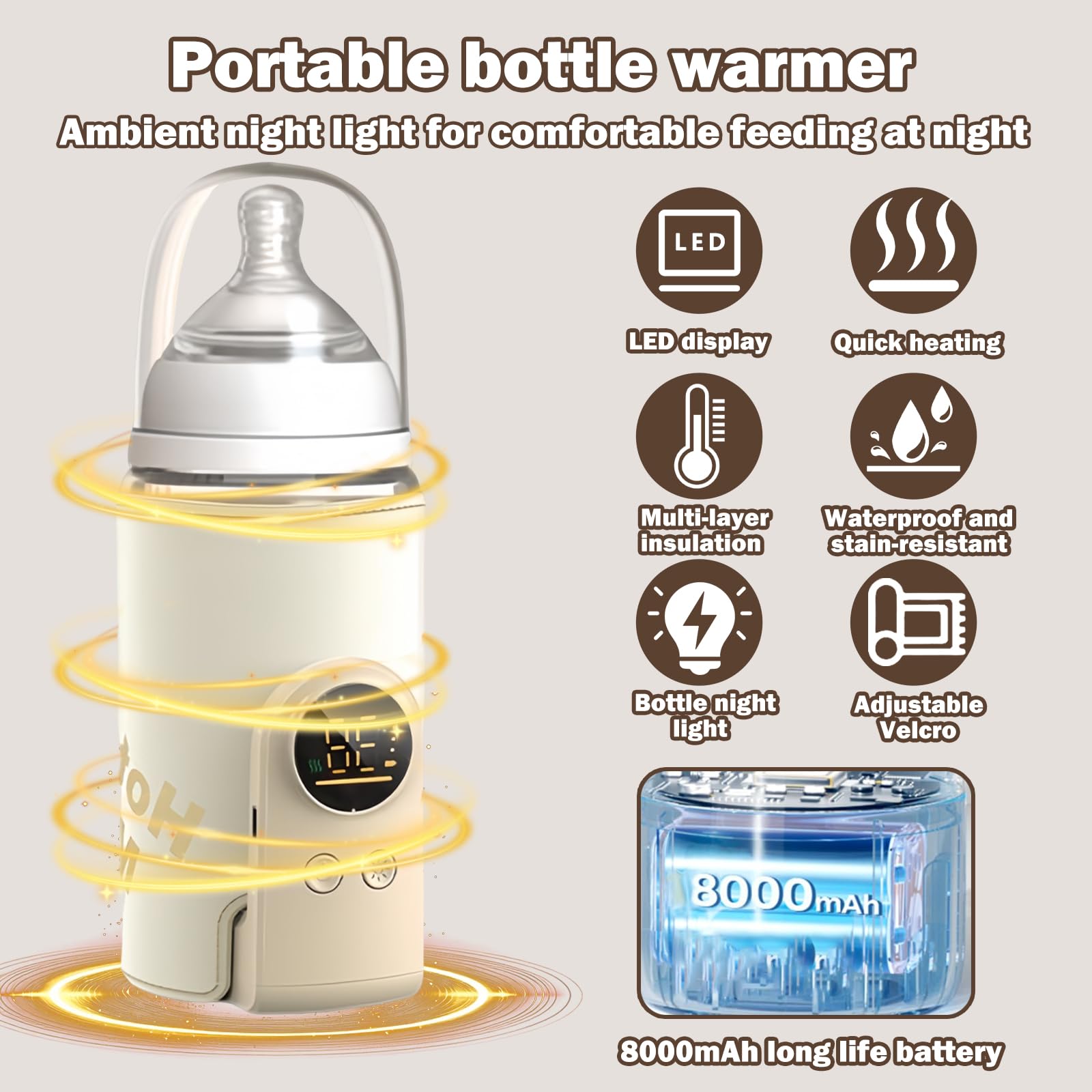 Flaschenwärmer Baby, Tragbarer Flaschenwärmer, Unterwegs mit LCD-Display USB-Ladung Babyflaschenwärmer 6 Einstellbare Temperatur 38-50℃ Muttermilchwärmer Tasche für Unterwegs und Zuhause (Beige)